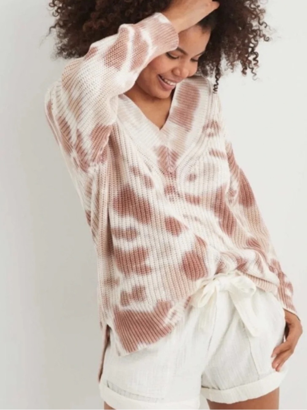 AERIE Tie Dye V Neck Oversized Cotton Sweater Tan White Size Small